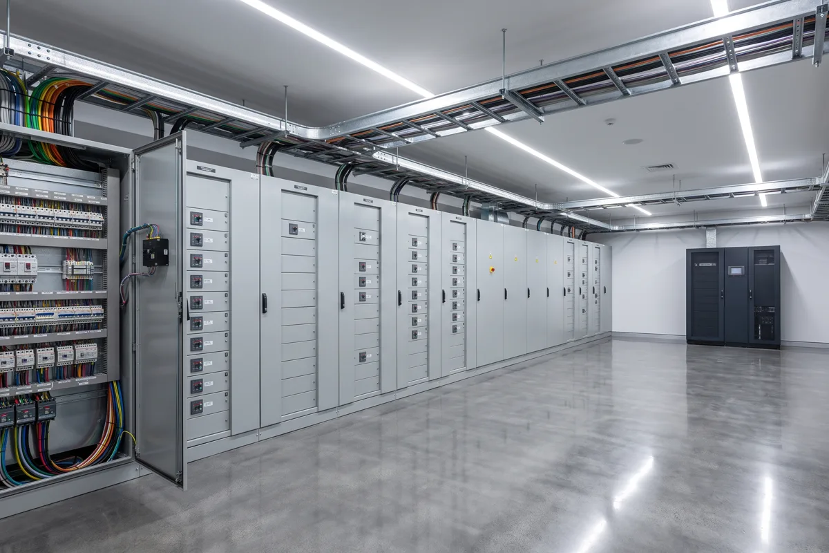 Newly fitted commercial switchroom with three-phase switchboards