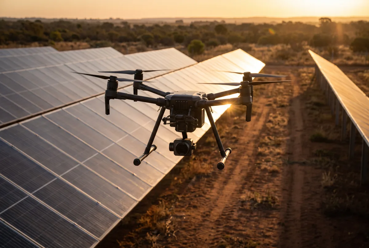Inspection drone with thermal camera flying over solar panels