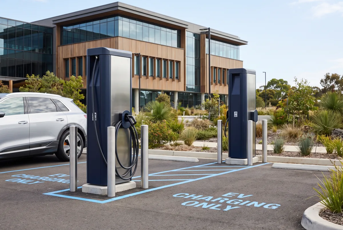 Commercial EV chargers installed in a business carpark