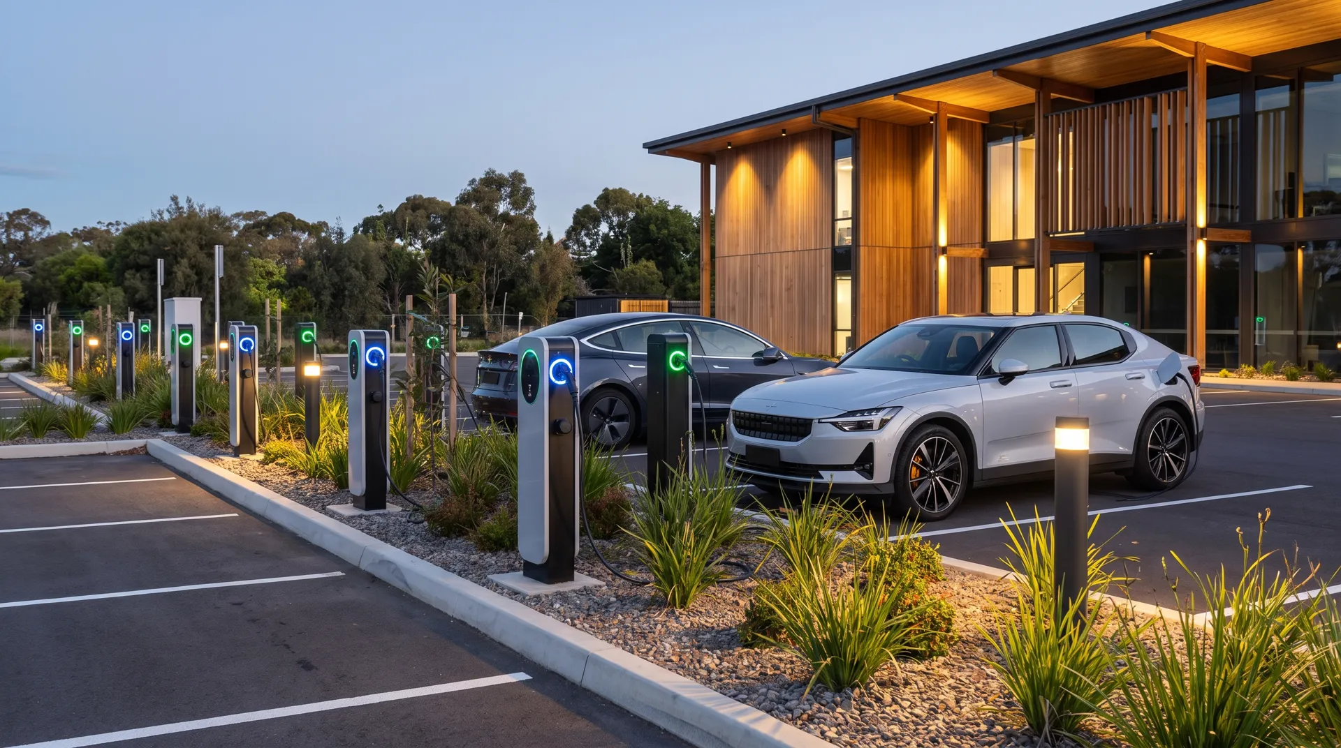 Bank of commercial EV chargers in a business carpark at dusk