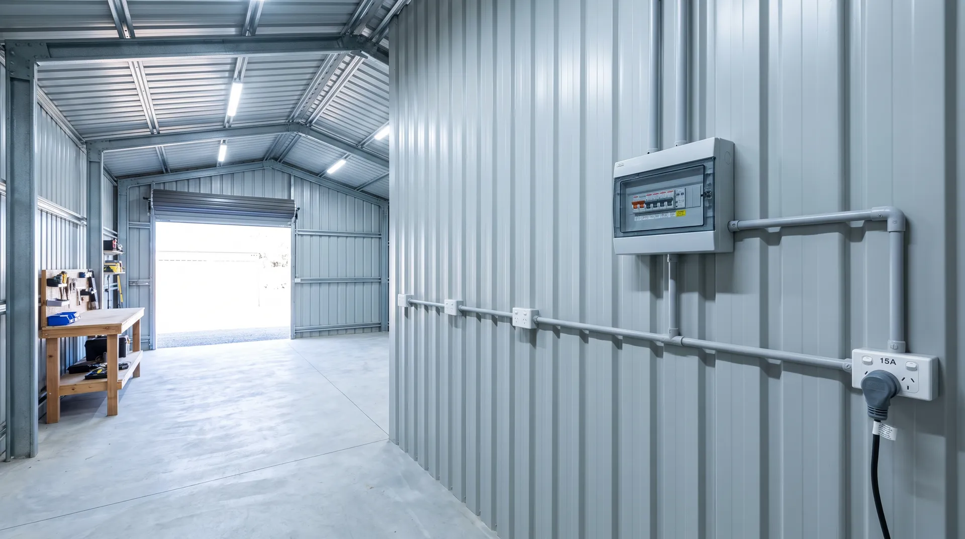New shed workshop with a fresh electrical fit-out — distribution board, outlets and high-bay LED lighting