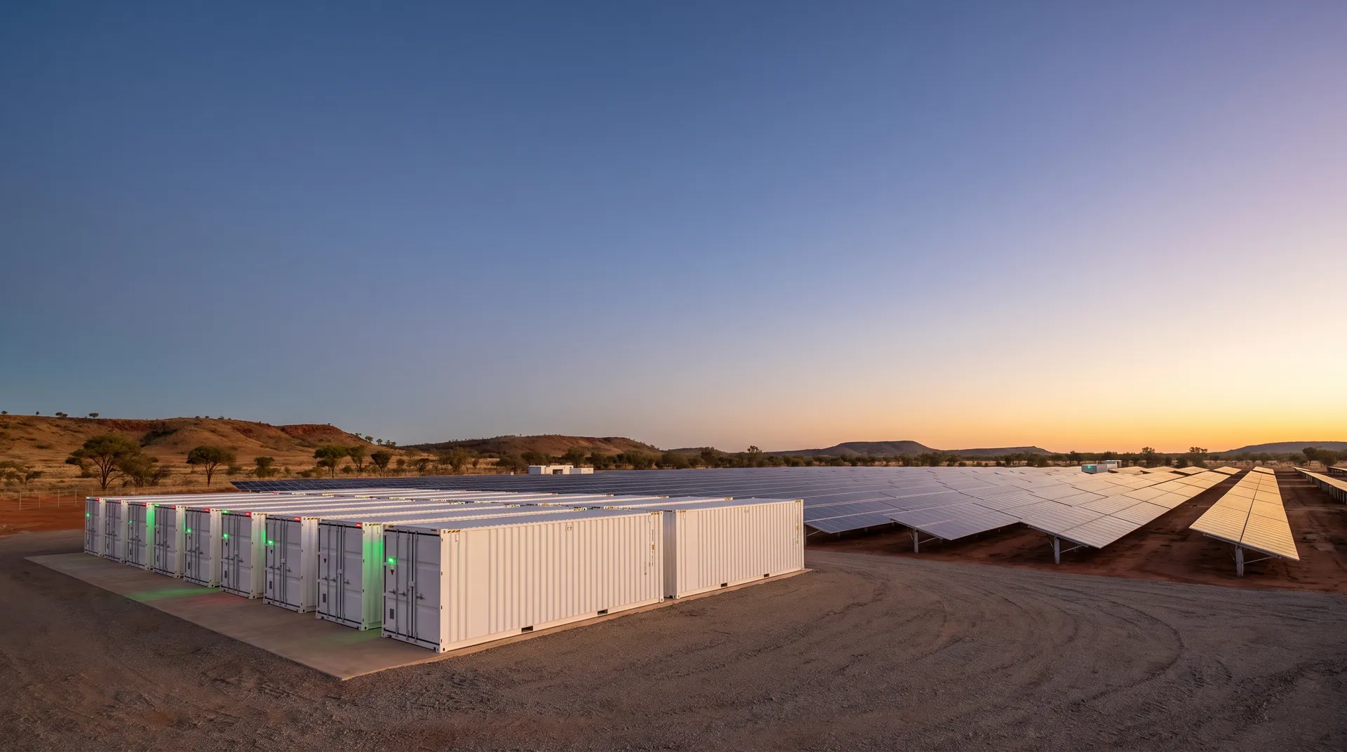 Battery energy storage containers beside a utility solar farm at dusk