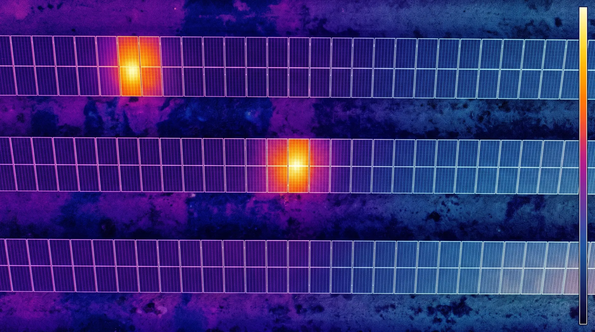 Aerial thermal image of a solar array showing hotspot cells