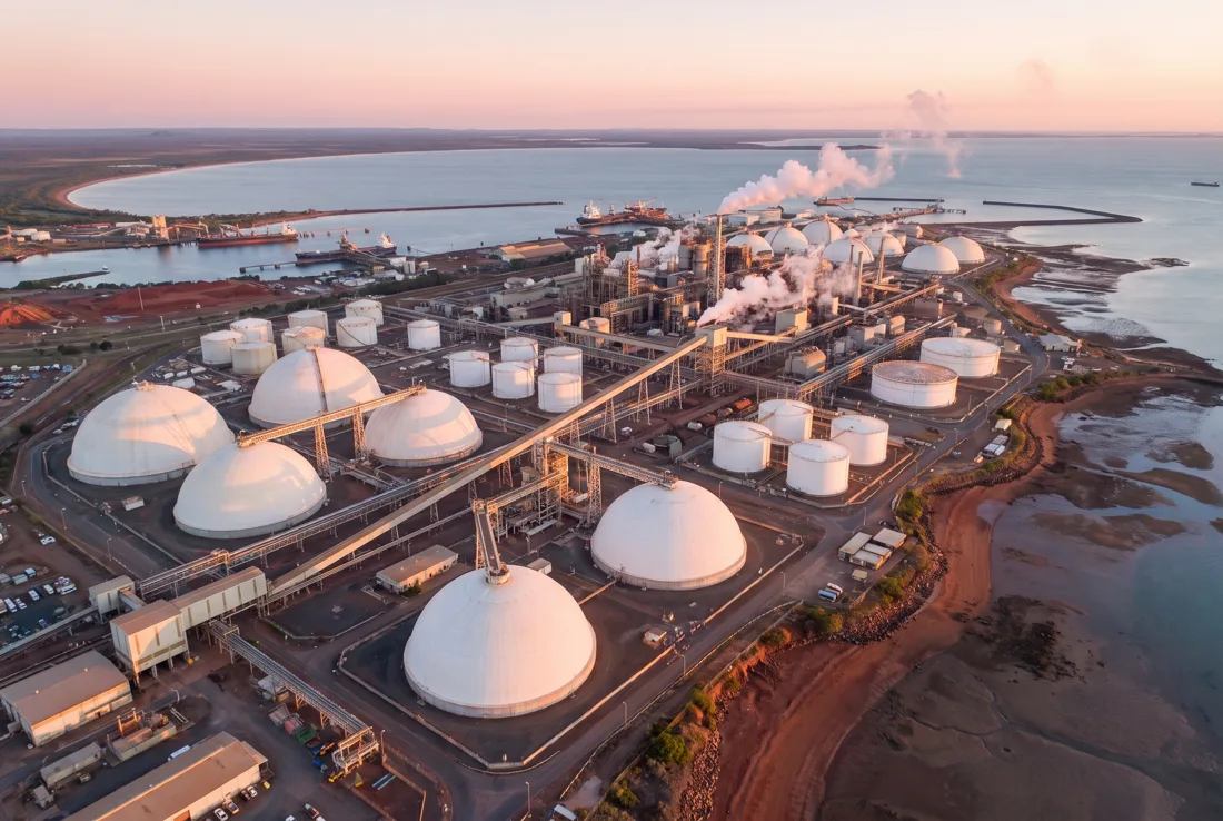 Aerial view of an alumina refinery on the Central Queensland coast at dawn