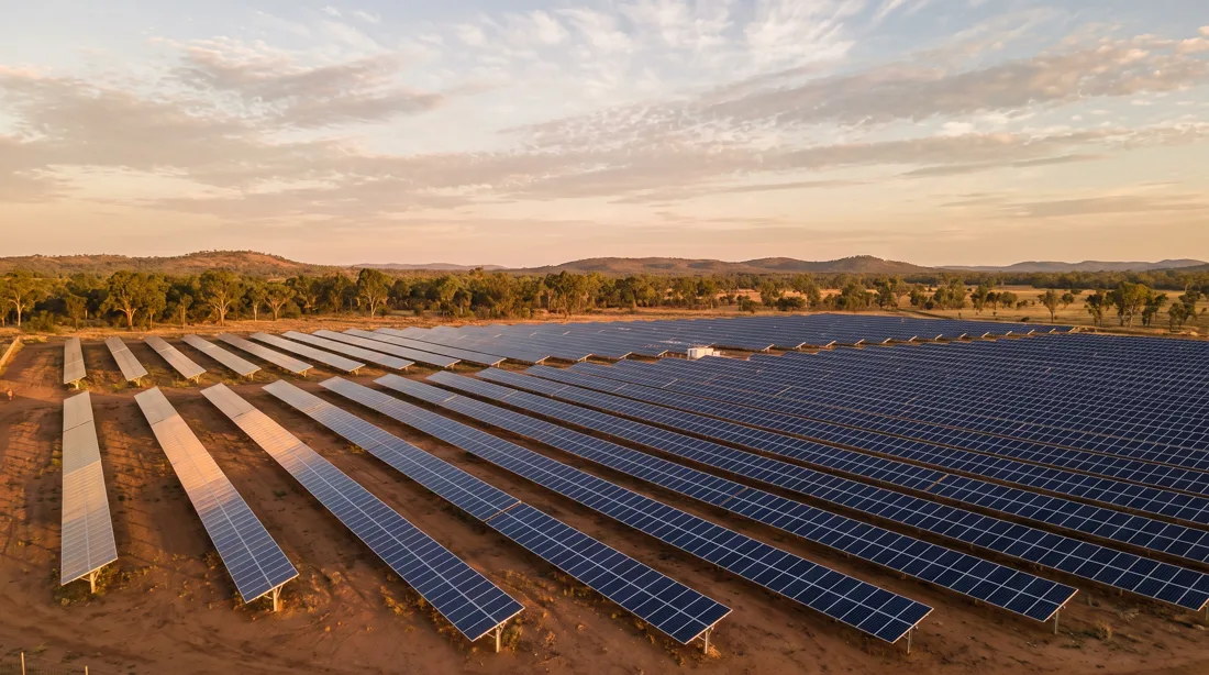 Aerial view of a utility-scale solar farm at golden hour